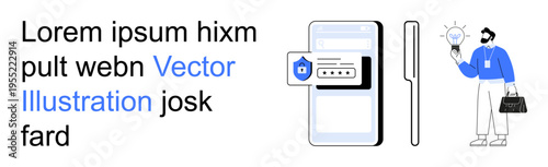 Digital security, password protection, innovation, online authentication, technical ideas, secure transactions. Smartphone with a lock icon, man holding a lightbulb. Digital security and password
