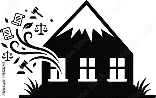 Legal documents and justice symbols surrounding a stylized house illustration
