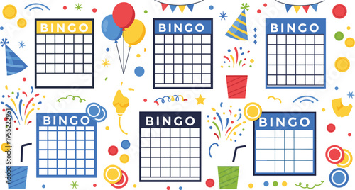 Bingo party cards collection with colorful balloons, confetti, fireworks and festive decorations fun game night vector illustration isolated set