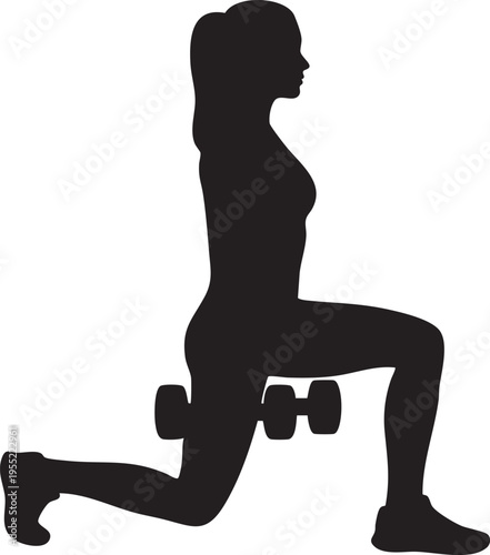 Empowering silhouette of a woman engaging in a powerful lunge workout with dumbbells, representing dedication to fitness goals