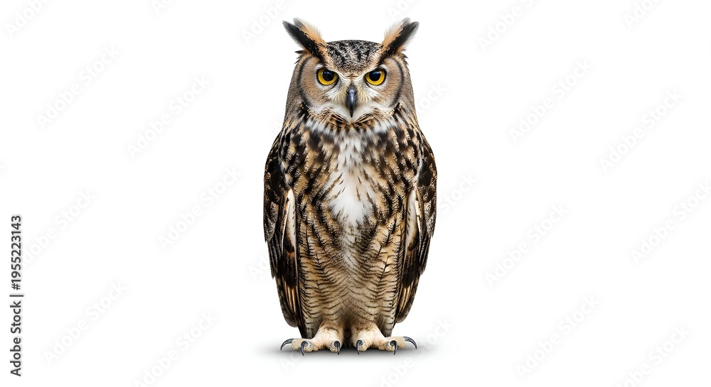 Obraz premium Brown owl standing on white background looking forward carefully