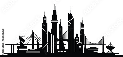 Industrial futuristic city skyline silhouette with satellite dishes and cable stayed bridge
