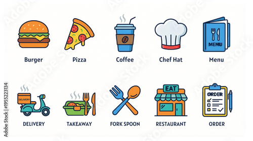 Set of 10 flat line food and restaurant service vector icons including burger, pizza, coffee, and delivery