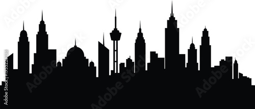 Black silhouette of city skyline, modern cityscape vector, urban building landscape, panoramic town architecture on transparent background