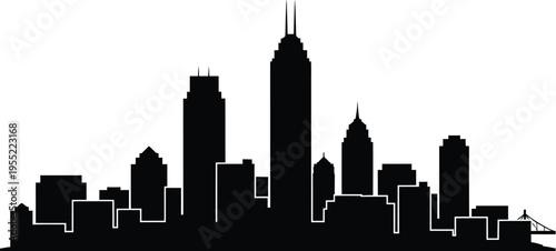 City skyline silhouette with skyscrapers and urban landscape architecture on transparent background