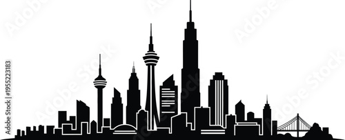 City skyline silhouette featuring diverse skyscrapers and bridge, representing urban landscape and development