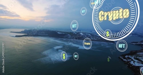 Vertical video: Emerging from right crypto tokens drifting over islands at dusk, obscuring ice