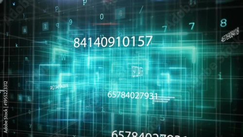 Camera shifting forward rotating teal wire cube pulsing planes stacking numbers scaling data tunnel