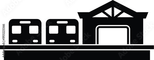 Train station silhouette vector illustration with passenger trains and a station shelter on transparent background