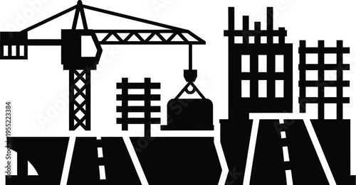 Industrial construction site with crane and building silhouettes
