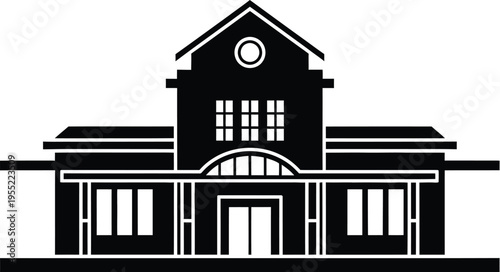 Public building silhouette with classic architecture and symmetrical facade for school or station