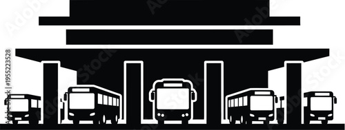 Bus station silhouette vector illustration on transparent background. multiple buses parked under shelter, urban transport hub