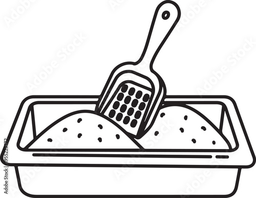 Cat litter box with scoop, granular material, cleaning pet waste, domestic animal care, hygiene product, simple line art