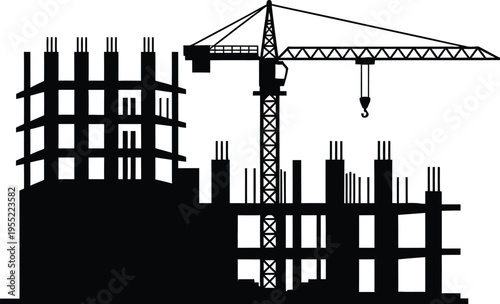 Silhouette of building under construction with a large crane, transparent background for graphic design