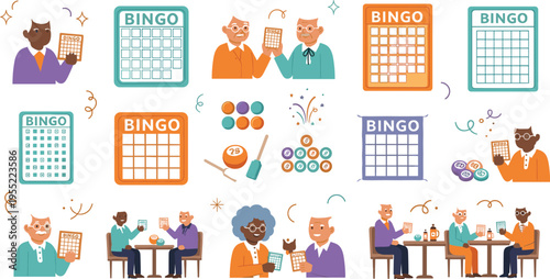 Senior people playing bingo game collection with elderly characters, cards, chips and social gathering scenes colorful vector illustration set