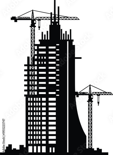 Building construction site with multiple cranes and unfinished skyscraper silhouette