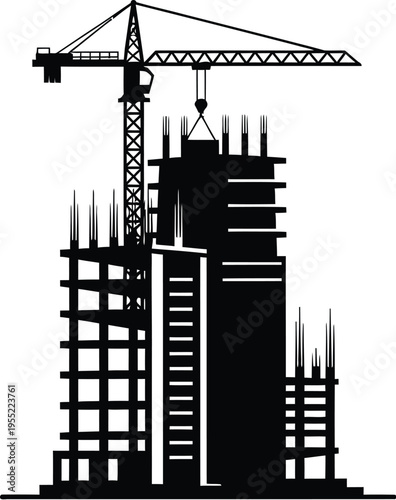 Construction site silhouette featuring tower crane and multi story building frame under development