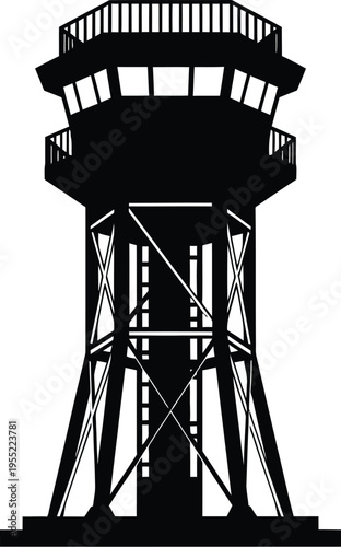 Black silhouette of an air traffic control tower with observation deck and supporting structure on transparent background