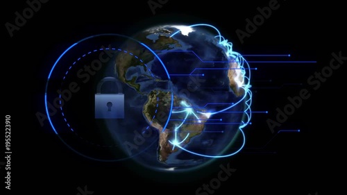 Vertical video: Rotating CGI globe showing pulses from west Africa, forming neon arcs and HUD lock