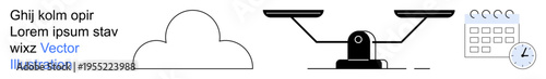 Data storage, time management, digital organization, cloud technology, work-life balance, and decision-making. A cloud, scales calendar and clock . Cloud storage and time management concepts