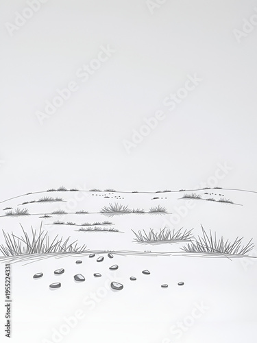 Horizontal landscape sketch showing grass patches and small stones on the ground