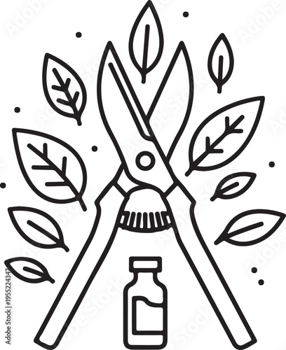 Gardening scissors pruning leaves, bottle with liquid, stylized illustration, healthy plants, botanical elements, nature care