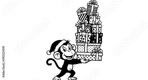 Monkey carrying many Christmas gifts.