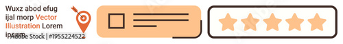 Customer reviews, user experience, feedback analysis, online ratings, location-based services, business reputation. Map pin, review card five-star rating graphic. User experience and feedback