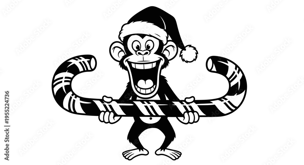 Naklejka premium Monkey in Santa hat holding candy 2.