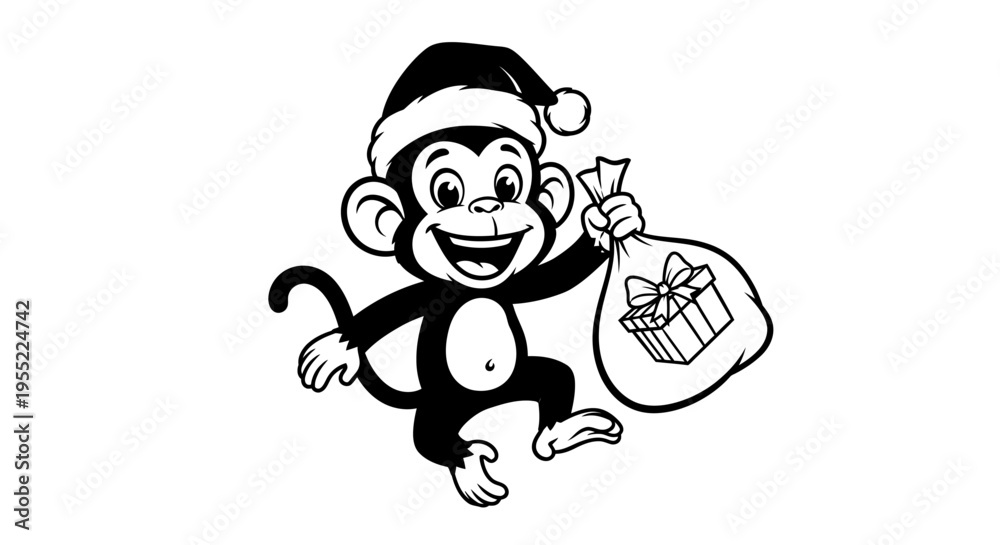 Fototapeta premium Monkey in Santa hat holding gift 1.