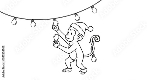 Monkey in Santa hat hanging lights.