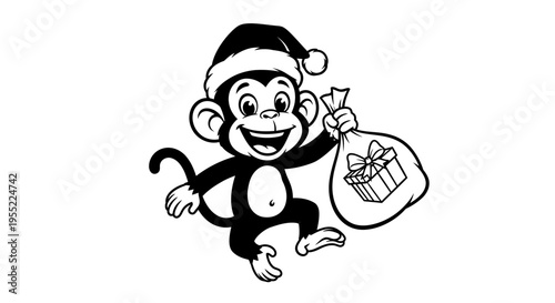 Monkey in Santa hat holding gift 1.
