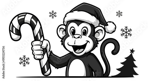 Monkey in Santa hat holding candy.