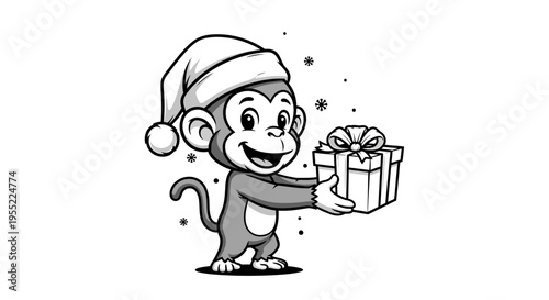 Monkey in Santa hat holding gift 3.