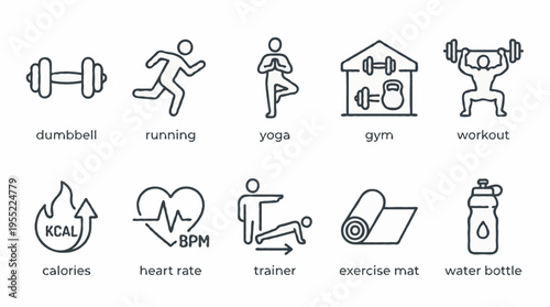 Set of 10 fitness and workout line icons vector for health, gym, and exercise apps or websites
