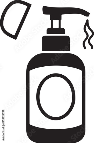 Lotion pump bottle silhouette with open cap and liquid drop representing skin care products personal hygiene routine and cosmetic supplies