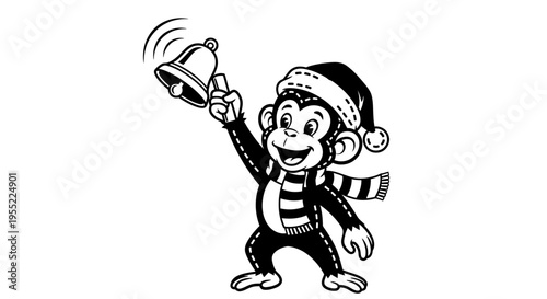 Monkey in Santa hat ringing bell.