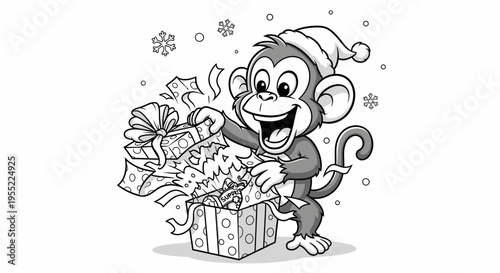 Monkey in Santa hat with gifts.