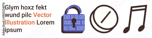 Digital security, restricted access, music, data protection, privacy, multimedia. ion of a binary-coded lock, prohibition symbol and music note. Digital security and restricted access concepts