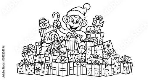 Monkey Surrounded by Christmas Gifts Presents.
