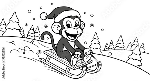 Monkey wearing Santa hat on sled.