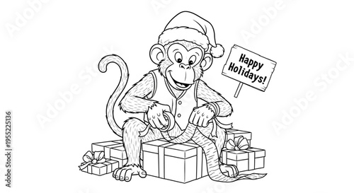 Monkey Wearing Santa Hat Sitting Gifts.