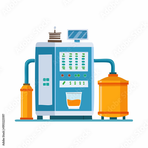Cartoon illustration of a juice making machine with dispensing cup and tanks.