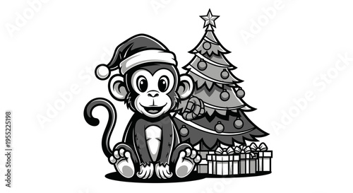 Monkey Wearing Santa Hat Sitting.