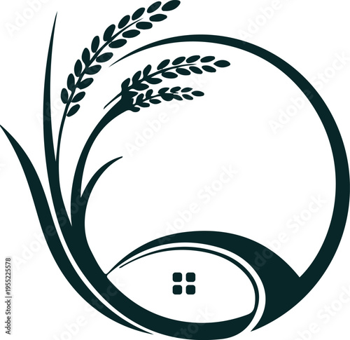 Rice farm logo design vector illustration agriculture business emblem home icon surrounded by grain stalks natural food