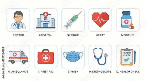 Set of 10 Medical and Healthcare Icons Vector Collection for Hospital and Clinic Services