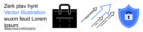 Business security, data protection, digital defense, cybersecurity, professional work, financial safety. Briefcase, arrows shield with lock icon. Business security and data protection