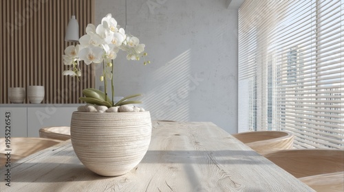 Elegant interior design featuring a potted orchid on a wooden table in a modern sunlit space with minimalistic decor and natural light