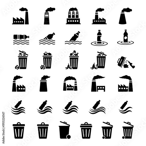 Environmental Pollution Silhouettes - Factory Smoke, Water Waste, and Plastic Bottle Pollution Icons