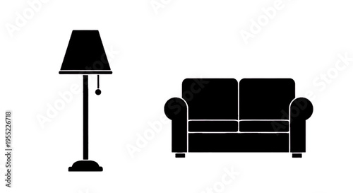 Vector illustration of black silhouettes of a floor lamp and a sofa